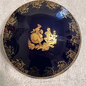 Porcelain Large Trinket Box Limoges Courting Couple France 7”Cobalt Gold Trim